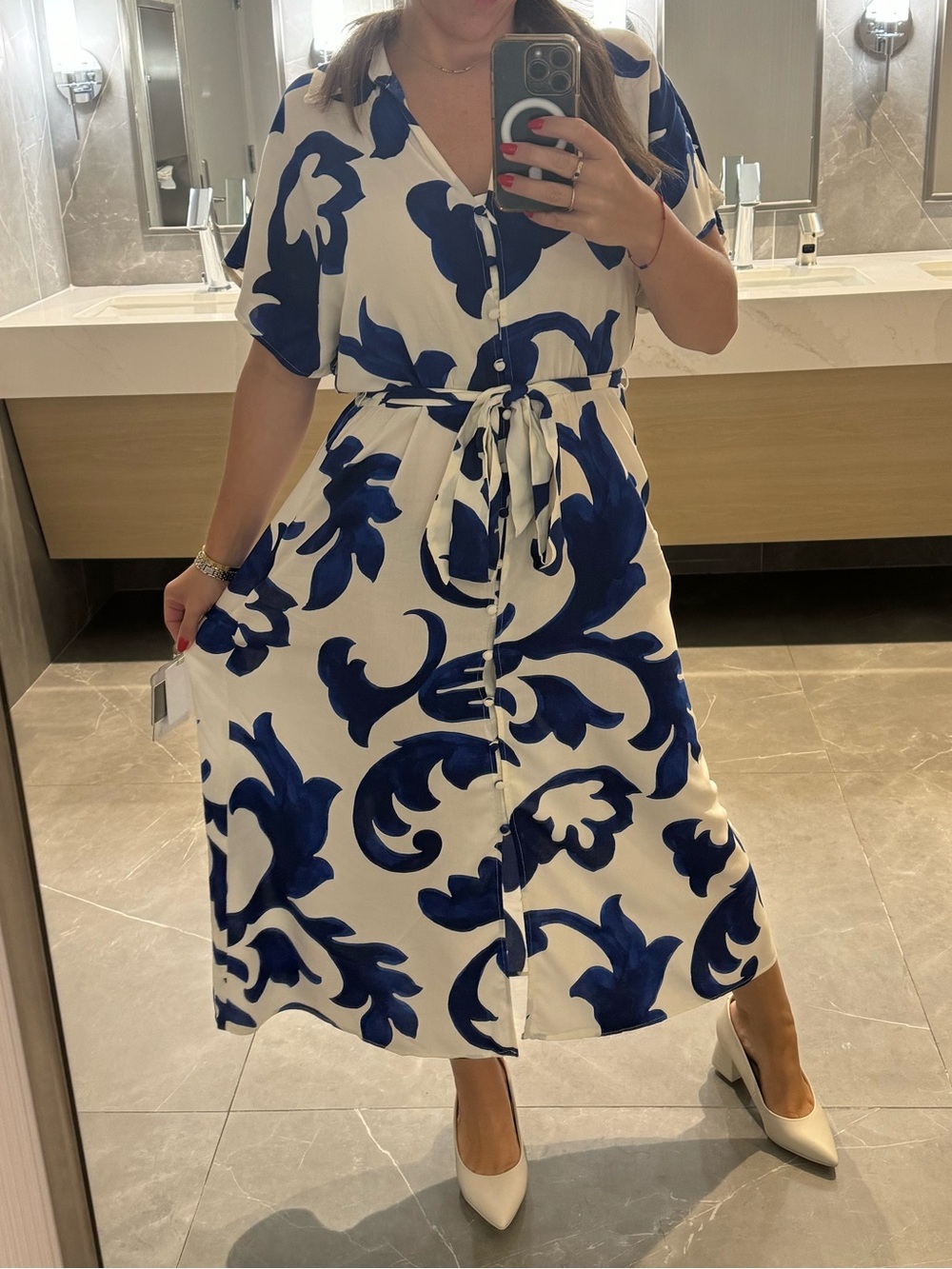 H&M White Maxi Dress with Bold Blue Floral Print and Tie Waist